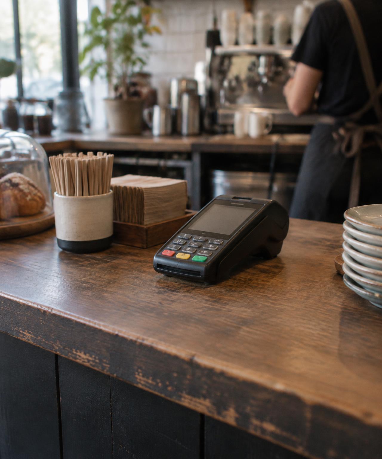 A black card terminal on a wooden coffee shop counter